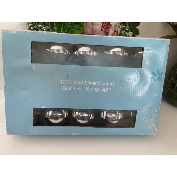 10Ct G Silver Coated Mercury Glass Type Ball String‎ Lights Indoor Outdoor New - Picture 1 of 16